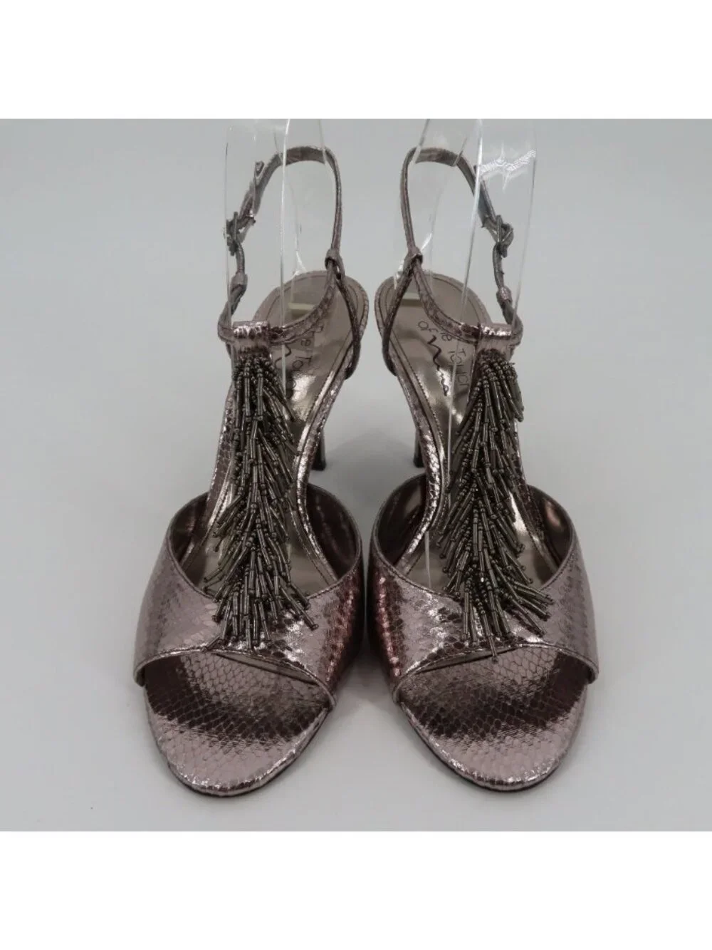Nina Womens 9.5 M Gigler Metallic Pewter Beaded Fringe Heel Shoes Ankle Strap